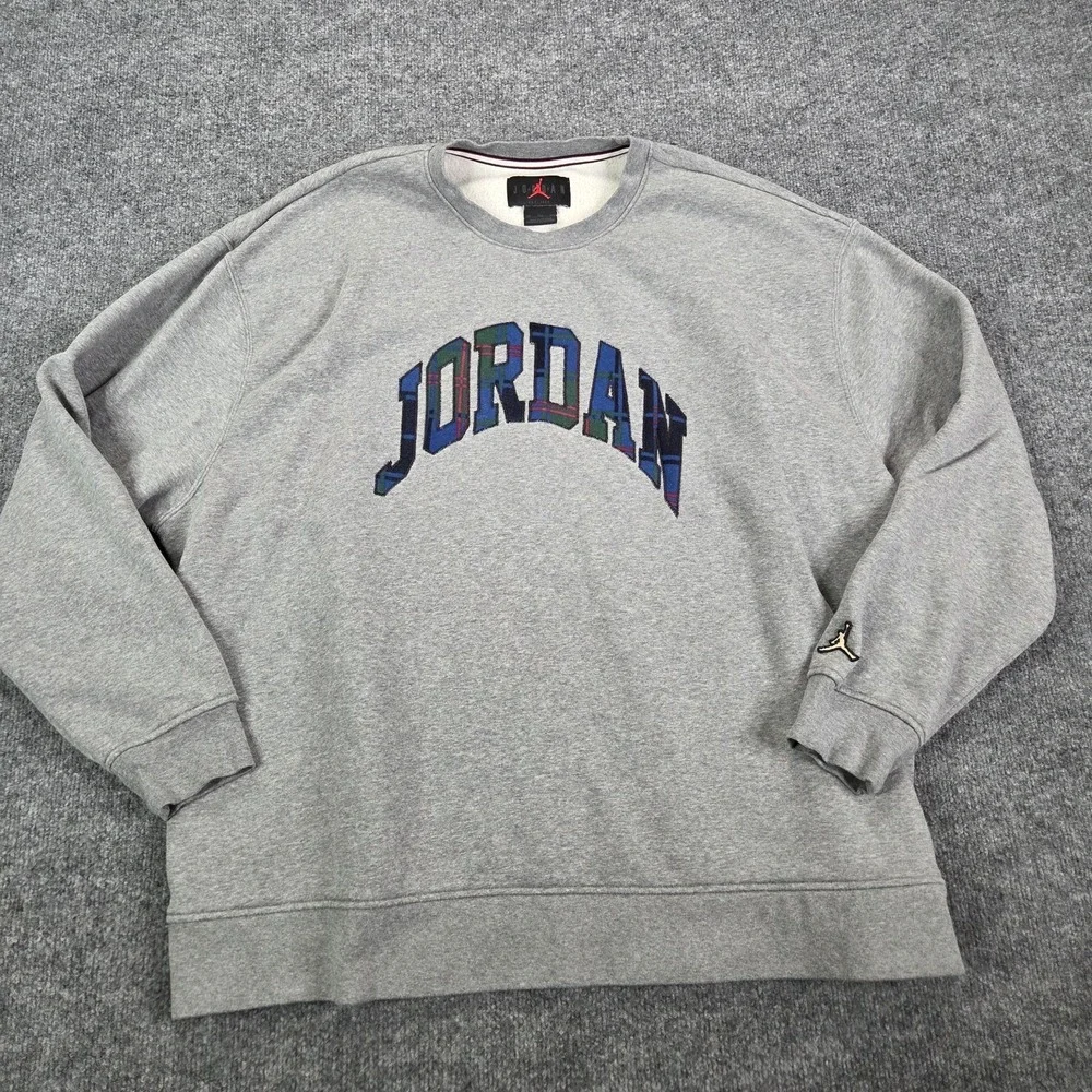 Mens Nike Air Jordan Essential Holiday Fleece Crewneck Sweatshirt Plaid Gray 3XL